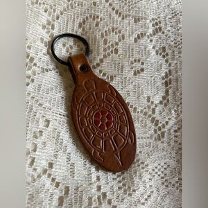 Vintage Handcrafted Brown Leather Keychain Sea Turtle Design